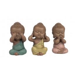 Set de 3 Moines de la Sagesse Assis 2, Collection Baby Zen, H 11 cm