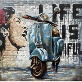 Tableau Métal 3D : Scooter Vespa Bleu acier et Mur de briques, H 80 cm