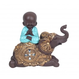 Figurine Résine : Mini Bonze Baby Zen sur éléphant, Bleu, Hauteur 13 cm