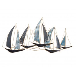 Régate 5 voiliers, Camaïeu de bleu et voiles ajourées, Longueur 92 cm