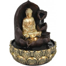 Fontaine Zen Feng Shui, Bouddha, 2 Vasques et Lotus Jungle LED, H 27 cm