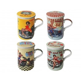 Set 4 Mugs à thé ou café, Modèle Pin Up Vintage, Route 66 et Motos, hauteur 11 cm