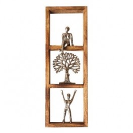 Déco murale 2 Personnages et Arbre de vie en métal, structure verticale aluminium et manguier, hauteur 53 cm