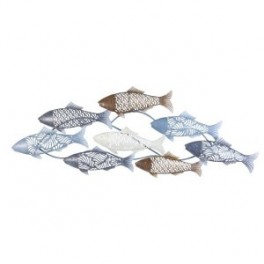 Silhouette murale en métal, banc de poissons bleus et marrons sur océan stylisé, longueur 87 cm