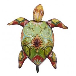 Déco murale, Tortue marine en métal, Collection Maori, Vert et Rouge, hauteur 35 cm