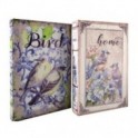 Set 2 Boites livres en bois MDF et polyester, Motif Oiseaux et fleurs bleues, hauteur 17 cm