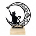 Figurine Chat et lune en métal sur socle en bois clair, hauteur 26 cm