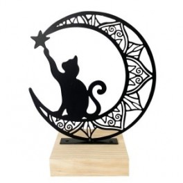 Figurine Chat et lune en métal sur socle en bois clair, hauteur 26 cm