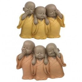 Set 2 Figurines 3 Moines Bouddha de la sagesse 2 couleurs Corail et Paille, Collection BABY ZEN, longueur 15 cm