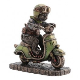 Figurine Chat Steam punk sur scooter vintage, hauteur 14 cm