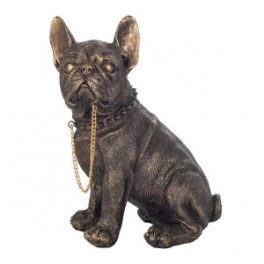 Figurine Chien Bouledogue français urbain, collier à pointes, chaine en or et hauteur 21 cm