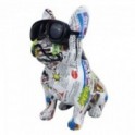 Grande statue Bouledogue français popstars, Lunette de soleil et illustrations graphiques, hauteur 34 cm