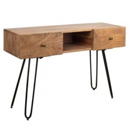 Console en bois massif d'acacia, Design vintage original et piètement métal, 80 x 80 x 46 cm, Poids 40 kg