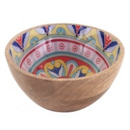 Bol de service décoratif en Bois de Manguier, Thème Mandalas indiens colorés, diamètre 15 cm