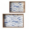 Set 2 plateaux en bois MDF avec anses, Motif Banc de sardines bleues, longueur 42 cm (Grand)