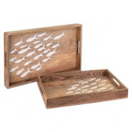 Set 2 plateaux de service Banc de poissons blancs et bois de manguier, Collection Martigues, longueur 43 cm