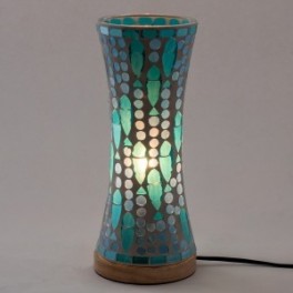 Lampe cylindre incurvée bleue en verre, Veilleuse ou lampe d'ambiance en tons froids, Collection MOSAIK, Hauteur 32 cm