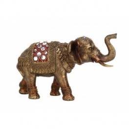 Figurine éléphant, trompe levée, parure rouge et inserts en verre acrylique, longueur 24 cm