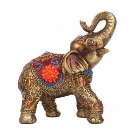 Figurine éléphant, trompe levée, parure fleur de lotus rouge et accessoires bleus, hauteur 16 cm