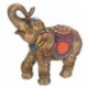 Figurine éléphant, trompe levée, parure fleur de lotus rouge et accessoires bleus, hauteur 16 cm