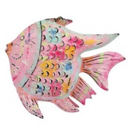 Poisson lanterne décoratif avec porte bougie, composition 100 % métal intérieur extérieur, Rose, longueur 37 cm