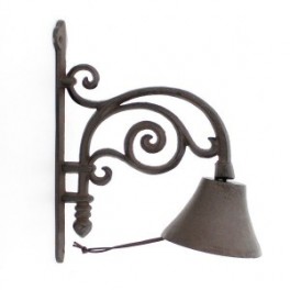 Cloche de porte en fonte, Structure et portant floral stylisé, hauteur 27 cm