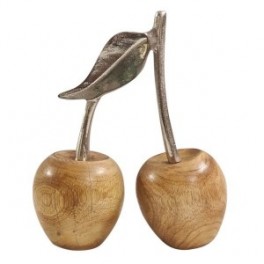 Grandes cerises décoratives, bois de manguier et queue en aluminium argenté, hauteur 23 cm