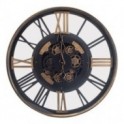 Horloge rétro et industrielle, engrenages apparents en mouvement, Noir et Doré, Diamètre 60 cm