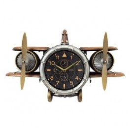 Horloge murale de style industriel, Avion bimoteur à hélices, noir et doré, longueur 67 cm