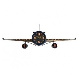 Horloge murale de style industriel Taille XL, Avion bimoteur, noir et doré, longueur 145 cm