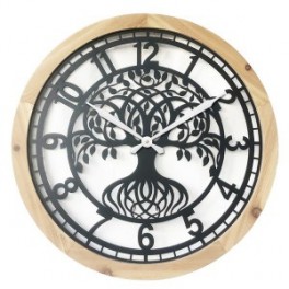 Horloge murale en métal et bois MDF, Arbre de vie stylisé, trame de bois veiné clair, Diam 60 cm