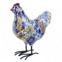 Figurine Poule rétro colorés, motifs carreaux de ciment ancien, Bleu et Jaune, hauteur 20 cm