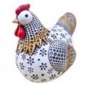 Poule rétro et motifs floraux stylisés, blanc et rouge, ambiance maison de campagne, longueur 14 cm