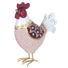 Coq déco, couleurs et motifs rétros, résine et métal, Collection Authentik, hauteur 24 cm