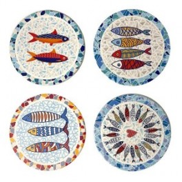 Set 4 sous-bocks céramique Poisson sardines, aspect céramique rétro et coloré, Diamètre 11 cm