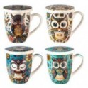 Set 4 mugs céramique, Motifs Chouettes colorées, passoires à thé et boite sérigraphiée, H 12,5 cm