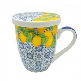 Set 2 mugs céramique, Motifs Citrons rétros, passoires à thé et boite sérigraphiée, H 12,5 cm