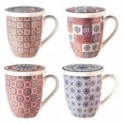 Set 4 mugs céramique, Motifs rétros, passoires à thé et boite sérigraphiée, Hauteur 12,5 cm