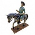 Figurine Don Quichotte et cheval sur socle, Camaïeu de gris et bleu, longueur 24 cm