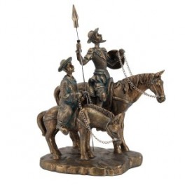 Statue Don Quichotte et Sancho Panza deux chevaux, Finition Antic Line colorée, hauteur 23 cm