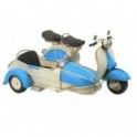 Side car bleu et blanc avec scooter, miniature métal en laiton, finition mat, longueur 32 cm