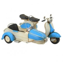 Side car bleu et blanc avec scooter, miniature métal en laiton, finition mat, longueur 32 cm