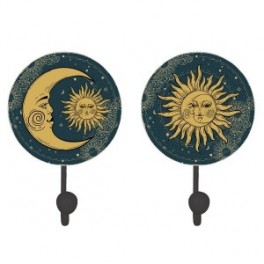 Set 2 Patères portemanteaux lune et soleil, 2 modèles différents, hauteur 17 cm