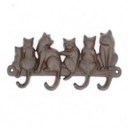 Patère porte-clés 6 chats amusants en fonte coulée, Marron et Ambré, longueur 23 cm