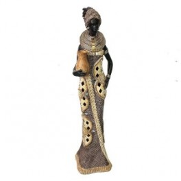 Grande statuette Africaine et jarre, Beige et Marron, Collection DAKA, Hauteur 36 cm