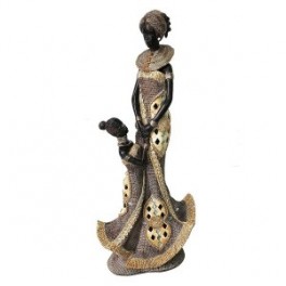 Grande statuette Africaine et enfant, Beige et Marron, Collection DAKA, Hauteur 37 cm