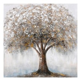 Tableau peint, arbre de vie aux couleur d'hiver, marron, bleu et gris, 80 x 80 cm