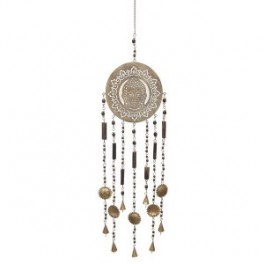 Suspension de type mobile Bouddha en bois, Soleil et clochettes en laiton, ambiance zen et bohème, H 75 cm