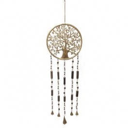 Suspension mobile Arbre de vie en métal et accessoires en bois, clochettes en métal, étain, hauteur 71 cm