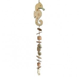 Suspension marine, hippocampe en bois, résine et bois flotté, hauteur 85 cm